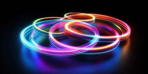 Poster - Colorful, swirling neon rings radiate brightly in the dark, creating an eyecatching, striking 3D effect on a beautifully reflective surface, capturing the viewers attention completely