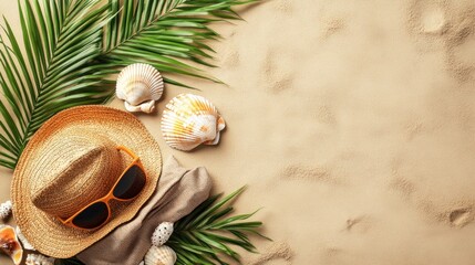 Poster - A beach-themed flat lay featuring a straw hat, sunglasses, shells, and palm leaves on sand.