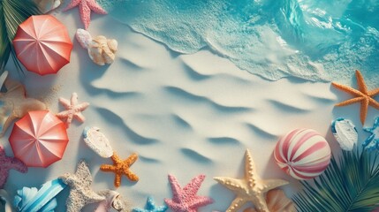Poster - A beach scene with sand, shells, starfish, umbrellas, and ocean waves, evoking a vacation vibe.