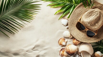 Poster - A beach-themed flat lay featuring a straw hat, sunglasses, shells, and tropical leaves.