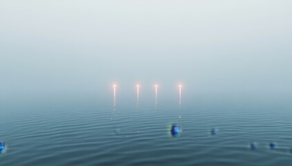 Wall Mural - Foggy lake, four lights, ethereal particles, calm water, mystic scene