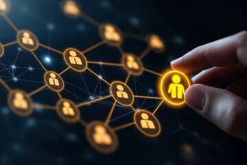 Poster - hand selecting a highlighted person from a network of connections representing social or professiona