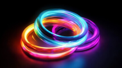 Canvas Print - Hypnotic neon rings radiate a brilliant glow against a dark backdrop, producing an entrancing, vibrant threedimensional effect that captivates viewers with its dazzling aesthetic