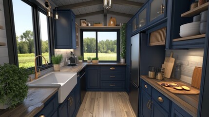 Wall Mural - Modern farmhouse kitchen in tiny house.