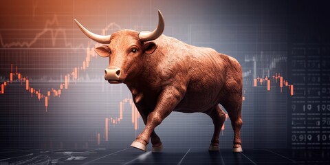 Poster - bull symbolizing financial growth over market charts and graphs.
