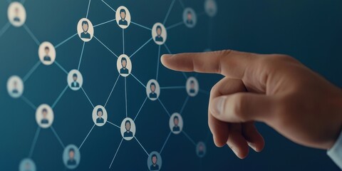 Poster - a hand pointing at a digital network of connected user icons on a blue background.