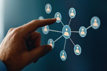 Poster - a hand pointing at a digital network of user icons representing social connectivity and interaction.