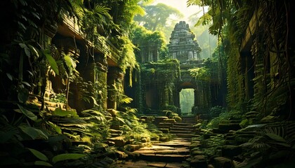 temple ruins covered in jungle vines 