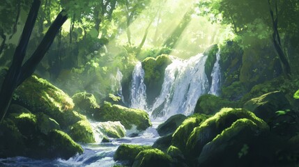 Poster - Sunbeams are illuminating a stunning waterfall cascading down mossy rocks in a lush green forest, creating a tranquil and picturesque natural landscape