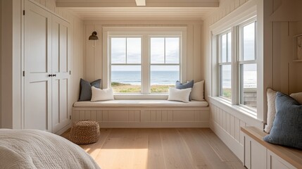 Wall Mural - Coastal bedroom with window seat, ocean view.