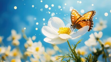 Poster - A butterfly perched on a flower in a vibrant, sunny garden setting.