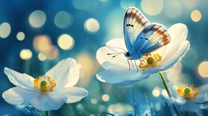 Poster - A butterfly perched on a white flower amidst a dreamy blue background.