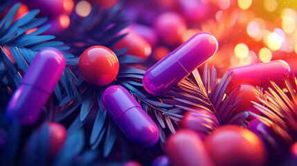Poster - Vibrant capsules and spheres on colorful foliage background