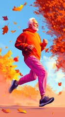 Elderly man jogging in a colorful autumn park surrounded by falling leaves and vibrant foliage