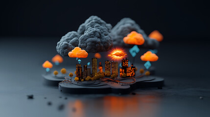 Poster - Dynamic cityscape under stormy clouds urban environment digital art creative visualization close-up perspective climate change awareness