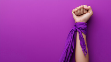 A woman's arm raised in a fist for International Women's Day, set against a purple background with copy space, symbolizing strength and empowerment.