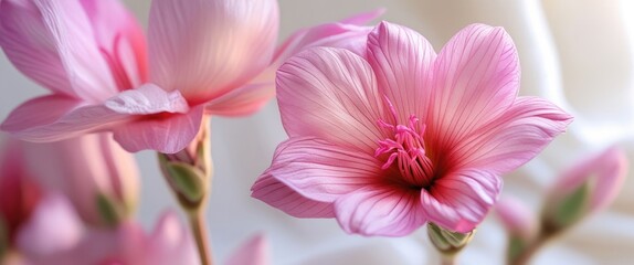 Poster - Delicate pink flower petals in close-up showcasing intricate details and soft textures against a serene background.