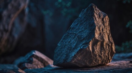 Poster - Mysterious rock formation illuminated by low light showcasing rough texture in a natural setting with dark ambiance and atmospheric background.