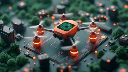 Poster - Drone technology innovation advancements in urban environments digital art futuristic themes aerial viewpoint high-tech concepts for smart cities
