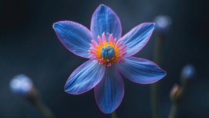 Poster - Vibrant Blue Flower with Radiant Petals and Copy Space for Text Display in Dark Soft Focus Background