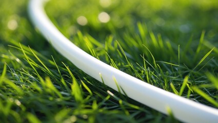 Poster - Closeup of a white line resting on lush green grass with empty space for text or design applications in nature-themed projects.