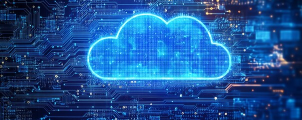 Poster - Cloud computing concept, featuring a secure cloud symbol above a chip, symbolizing data encryption, safety, and protection in cloud storage services, with a techinspired design