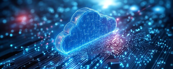 Poster - Cloud computing concept, featuring a secure cloud symbol above a chip, symbolizing data encryption, safety, and protection in cloud storage services, with a techinspired design