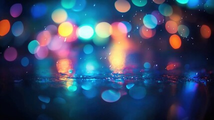 Poster - colorful bokeh effect with raindrops creating a dreamlike atmosphere during a rainy evening in multi