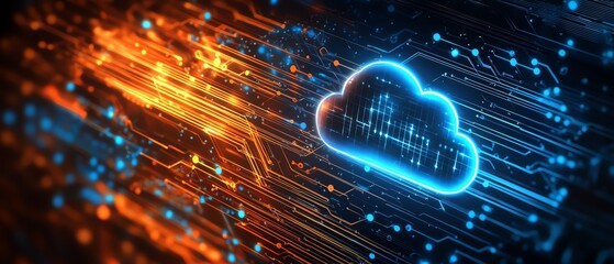 Poster - Cloud computing security, with a cloud symbol over a stylized chip, symbolizing encryption, data safety, and secure cloud storage, with a clean, techfocused design