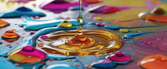 Canvas Print - Abstract macro art of colorful water and oil droplets with vibrant acrylic paints creating unique shapes and textures in fluid dynamics.