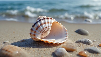 Poster - seashell resting on fine sandy beach with pebbles and gentle waves in the background, ideal for tran