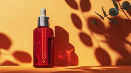 Poster - Red Glass Dropper Bottle with Silver Lid and Shadow Effects on a Bright Orange Background