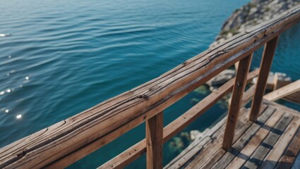 Canvas Print - Wooden railing overlooking tranquil blue water with gentle waves visible through the slats reflecting nature's serene beauty.