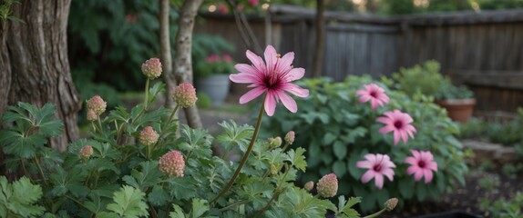 Poster - Beautiful Pink Flowers in Lush Backyard Garden with Empty Space for Text Overlay