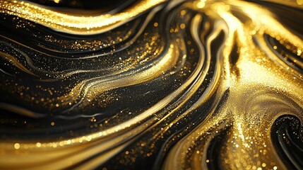 Poster - Vibrant Fluid Art with Golden Marbling and Deep Black Background for Stunning Visual Impact
