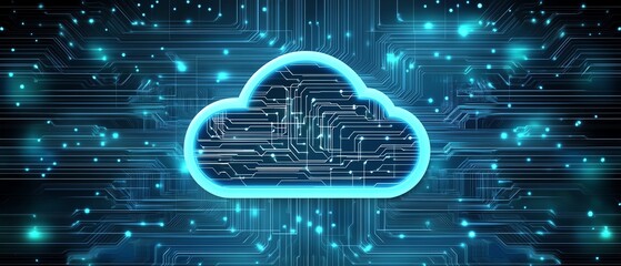Poster - Illustration of secure cloud computing, featuring a cloud symbol over a stylized chip, representing encryption and safety in cloud storage services, modern and techfocused design