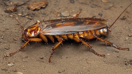 Poster - A close-up of a cockroach on a dirt surface, showcasing its body and texture.