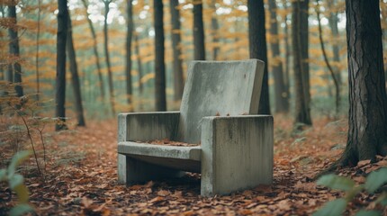 Poster - Concrete chair surrounded by autumn foliage in a serene forest setting inviting relaxation and nature appreciation.