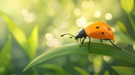 Poster - A close-up of a ladybug perched on a green leaf with a soft, blurred background.