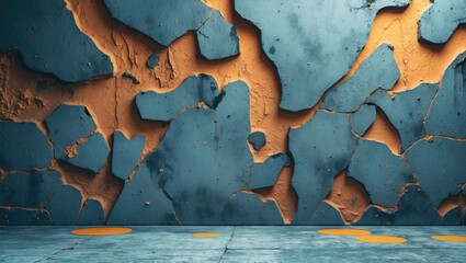 Poster - Textured cement wall with orange highlights and abstract cracks creating a modern industrial background for artistic and creative designs