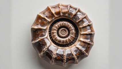 Poster - Ammonite Fossil Shell Close-Up Detailed View Isolated on White Background Natural History Curiosity Organic Material Display