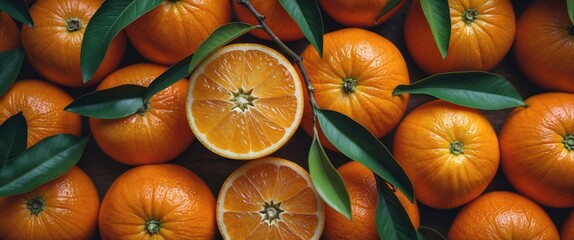 Canvas Print - Vibrant arrangement of fresh oranges with leaves showcasing whole and halved fruit on a wooden surface for a healthy food concept.