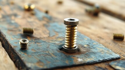 Fototapete - A close-up of a metal screw on a wooden surface, surrounded by other screws.