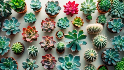 Poster - Colorful Overhead Arrangement of Diverse Succulents and Cacti in Pots Beautifully Displayed on a Light Background