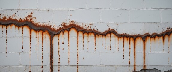 Canvas Print - Rust stains creating an abstract pattern on a white brick wall showcasing decay and texture in an urban environment.