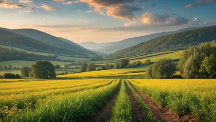 Wall Mural - vibrant summer landscape with rolling hills and golden flower fields under a dramatic sky at sunset