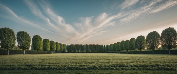 Wall Mural - Serene landscape featuring a wide sky and rows of neatly trimmed trees against a beautifully manicured lawn at sunset.