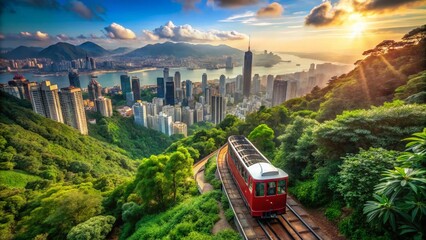 Canvas Print - Hong Kong Peak Tram Ascending Lush Green Mountains, City Skyline View