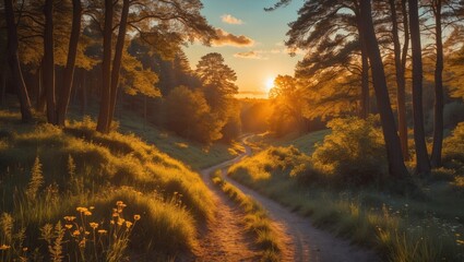 Poster - tranquil forest pathway at sunset with lush greenery and vibrant sky ideal for nature-themed project
