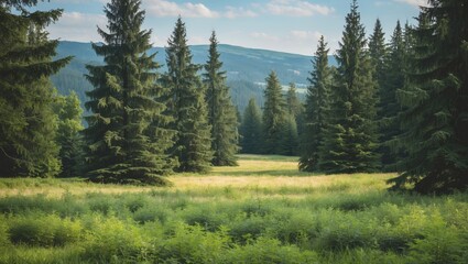 Poster - Serene Meadow Surrounded by Tall Evergreen Trees Under Clear Blue Sky Ideal for Nature Communications and Text Overlay